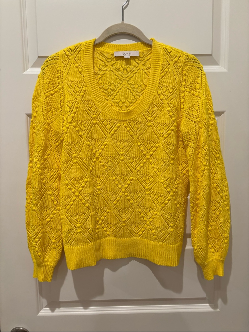 LOFT Bright Yellow Openwork Diamond Knit Scoop Neck Sweater